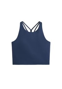 Top court bleu marine avec de fines bretelles doubles formant un motif croisé au dos, design sans couture.