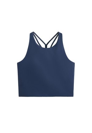 Tengerészkék, rövidített tank top vékony, dupla pántokkal, amelyek keresztben keresztezik egymást a háttérben, varrás nélküli dizájnnal.