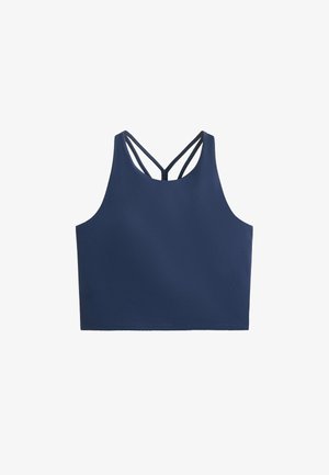 Tengerészkék, rövidített tank top vékony, dupla pántokkal, amelyek keresztben keresztezik egymást a háttérben, varrás nélküli dizájnnal.