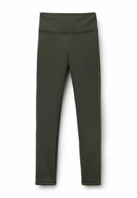 Hochgeschnittene Leggings in dunkelolivgrün, aus weichem, dehnbarem Stoff; mit glatter Textur und ohne sichtbare Muster oder Akzente.