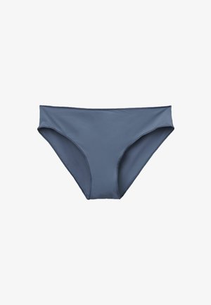 Bas de bikini de couleur bleu marine, fabriqué en matière lisse et extensible, doté d'une coupe classique avec une couverture modérée et sans éléments visibles.