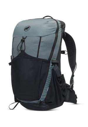 Rucksack mit einem hellblauen und schwarzen Design, strukturiertem Surface, verstellbaren Trägern und mehreren Taschen, einschließlich einer seitlichen Netztasche.