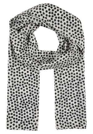 Hvidt rektangulært tørklæde med sort stjernemønster, løst snoet med enderne hængende lige ned.
