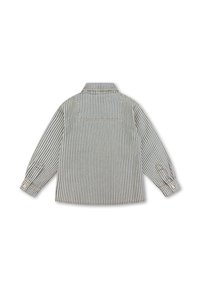 Kinderhemd met lange mouwen, gekleed in blauw en witte verticale strepen, met knoopmanchetten en een rugplooi detail.