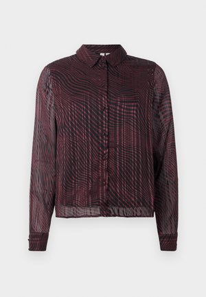 Bordeaux doorzichtig button-up shirt met lange mouwen, voorzien van een golvend streeppatroon, kraag en enkele knoopmanchetten.