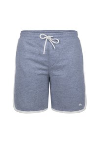 Pantalones cortos deportivos grises hechos de una tela suave, con un cordón blanco, rayas laterales y un logo bordado en la parte inferior de la pierna izquierda.