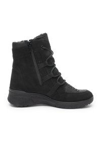 Bottine d'hiver noire avec fermeture éclair latérale, laçage à l'avant, bout rembourré et semelle texturée.