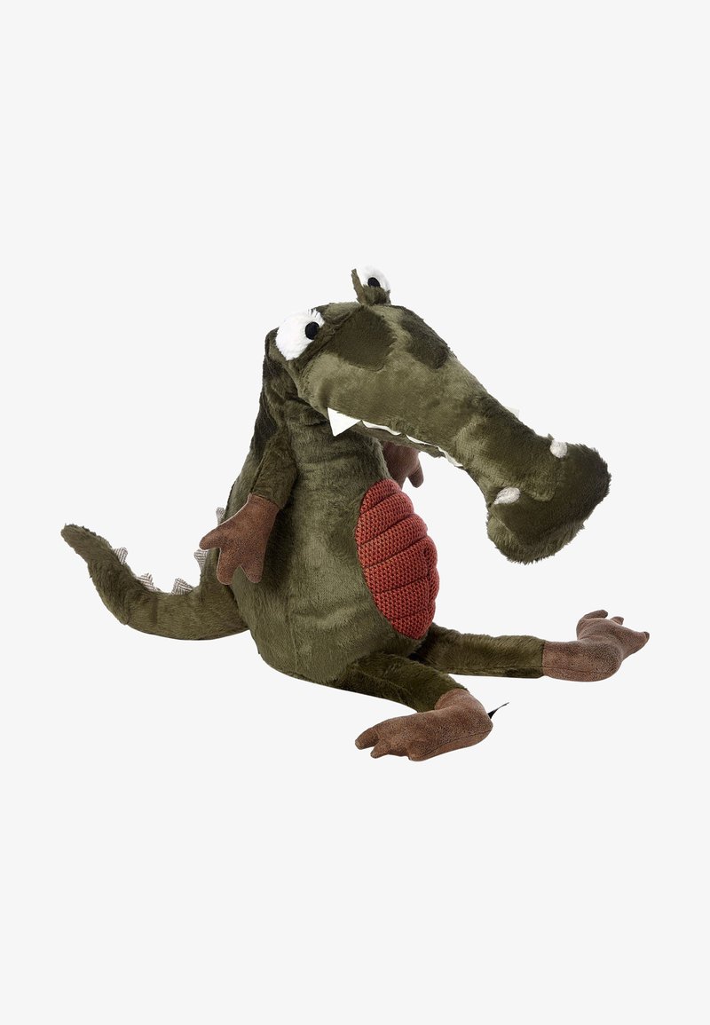 Green plush crocodile toy with textured scales, soft brown accents, large eyes, and a ribbed red belly. Sitting posture with detailed tail.