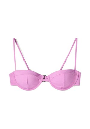 Pink bra with padded cups, adjustable thin straps, and a front clasp. Smooth texture with a solid color design and no patterns.