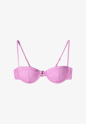 Pink bra with padded cups, adjustable thin straps, and a front clasp. Smooth texture with a solid color design and no patterns.