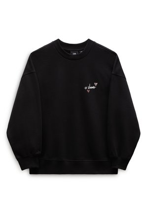 Sweat-shirt noir à col rond avec petit logo Vans blanc et deux petits dessins de cœurs roses sur le côté gauche de la poitrine, manches longues, poignets et ourlet côtelés.