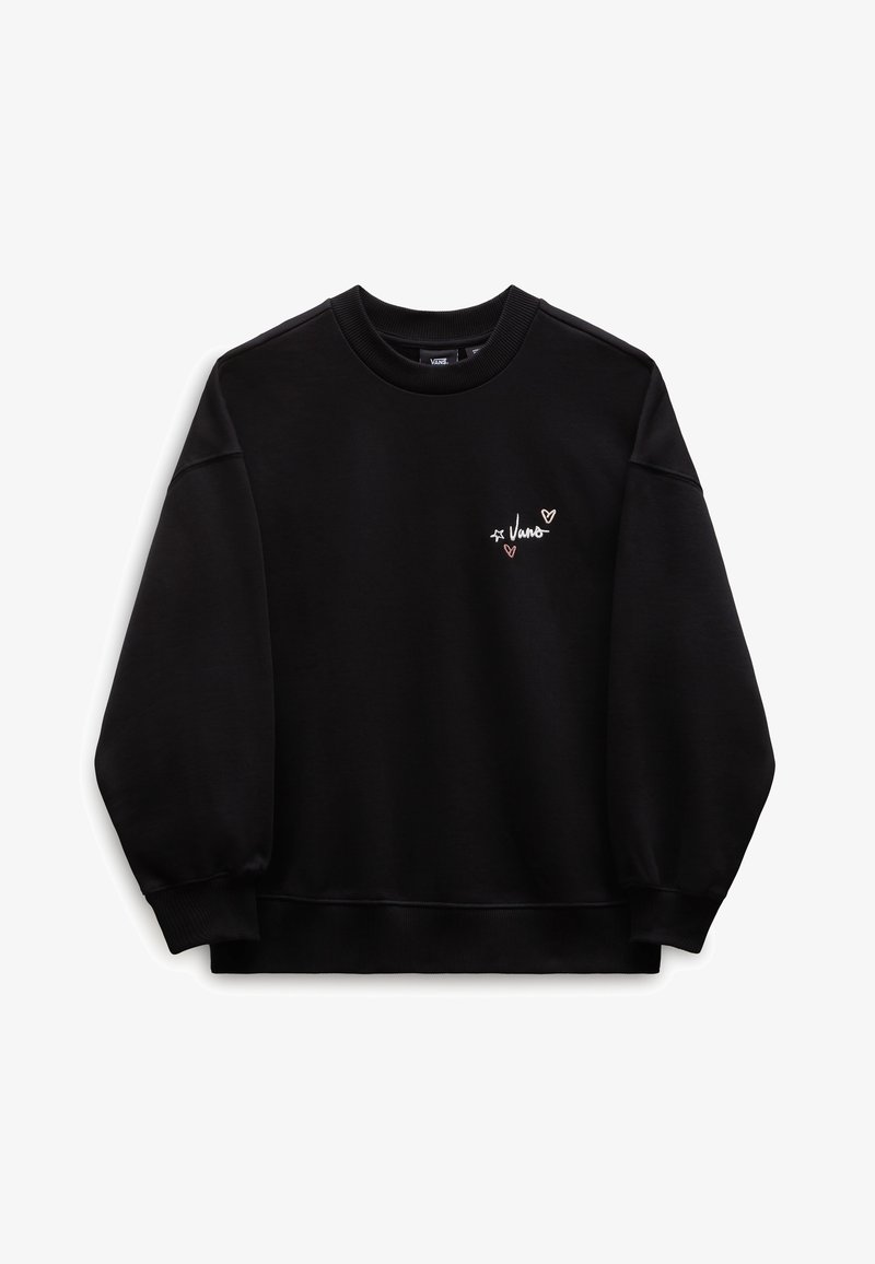 Sweat-shirt noir à col rond avec petit logo Vans blanc et deux petits dessins de cœurs roses sur le côté gauche de la poitrine, manches longues, poignets et ourlet côtelés.