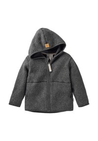 Giacca in pile con cappuccio di colore grigio scuro per bambini, con zip frontale e tasche laterali, realizzata in un tessuto caldo e testurizzato.