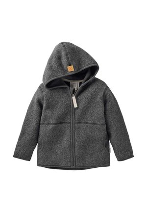 Dunkelgraue Kapuzenfleecejacke für Kinder mit Frontreißverschluss und Seitentaschen, aus warmem, strukturiertem Stoff.