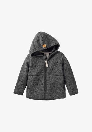 Dark gray hooded fleece jacket for children with front zipper and side pockets, made of textured warm fabric.