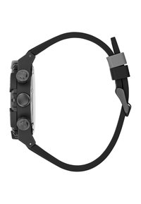 Orologio da polso nero con tre pulsanti laterali, corona texturizzata e cinturino in gomma nera regolabile con fibbia, mostrato di lato.