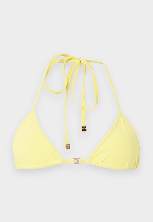 Gul trekantet bikini-topp med tynne justerbare bånd til nakke og rygg, med små gullfargede dekorative detaljer på snorene og spennen.