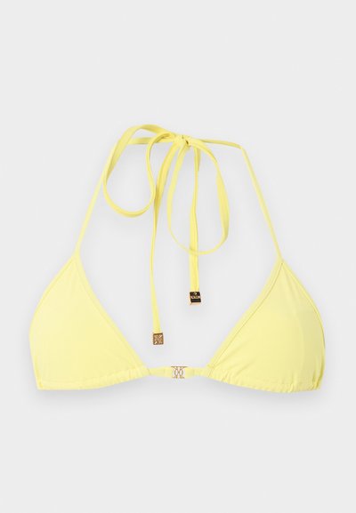Top de bikini galben în formă de triunghi cu șnururi subțiri reglabile la gât și la spate, cu mici accente decorative aurii pe șnururi și încheietură.