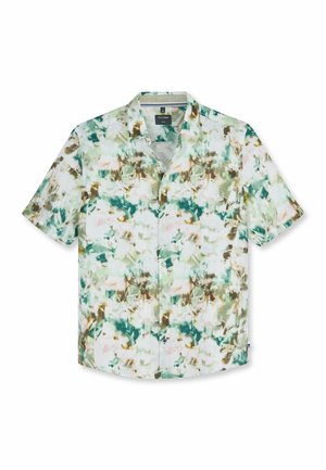 Kurzärmliges Hemd zum Knöpfen mit grünem, braunem und rosa abstraktem Blumenmuster und klassischem Kragen, Größe M.