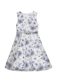 Blumenkleid mit ärmellosem Design, weiße Stoff mit lila Blumen und Schmetterlingen verziert, Taillenumrandung mit einem silbernen Schleifenakzent.