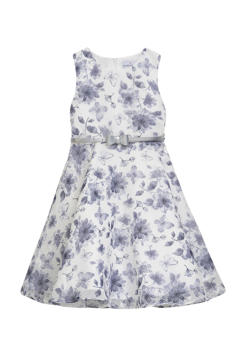 Blumenkleid mit ärmellosem Design, weiße Stoff mit lila Blumen und Schmetterlingen verziert, Taillenumrandung mit einem silbernen Schleifenakzent.