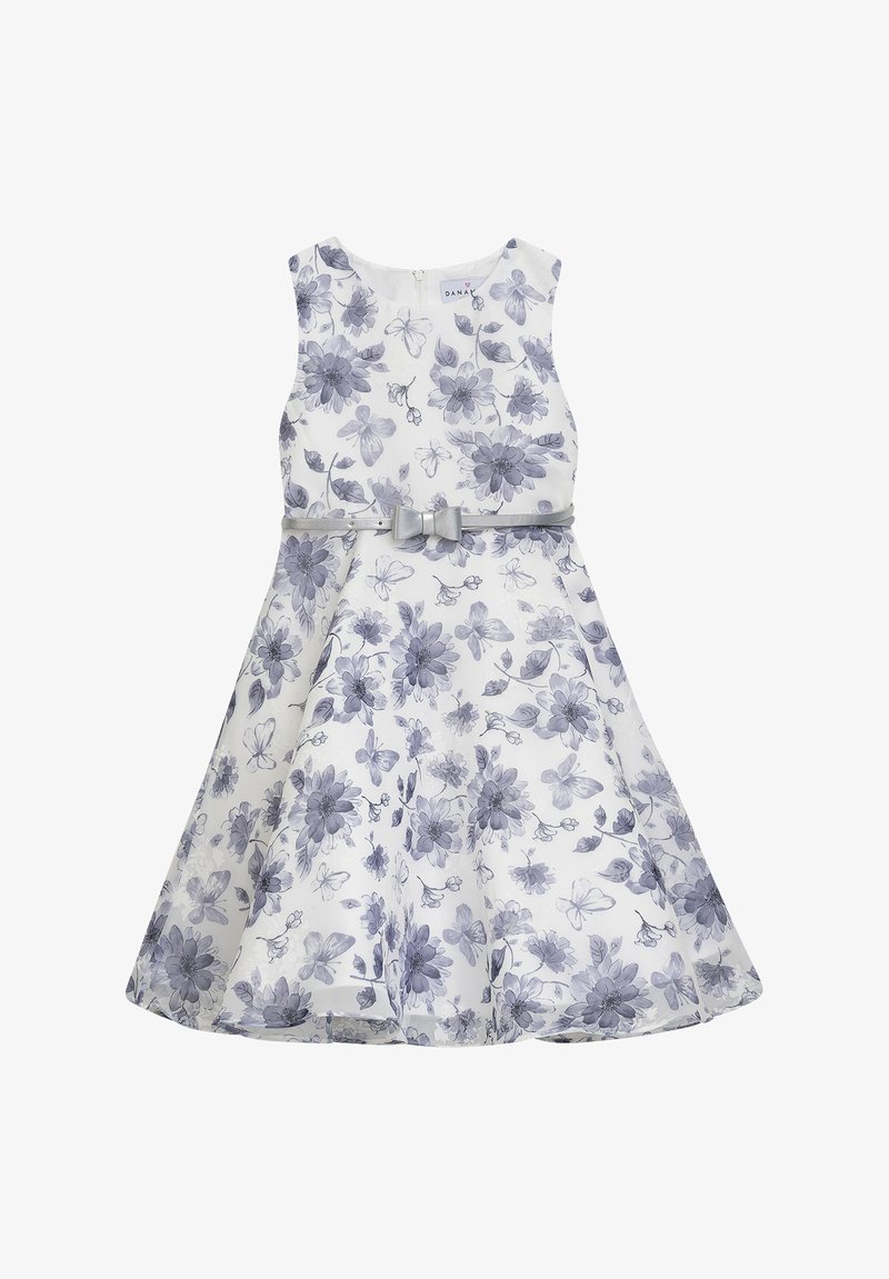 Blumenkleid mit ärmellosem Design, weiße Stoff mit lila Blumen und Schmetterlingen verziert, Taillenumrandung mit einem silbernen Schleifenakzent.