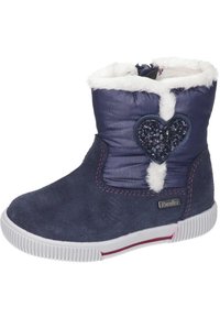 Marineblauwe enkellaars gemaakt van suède en synthetische materialen, met voering van nepbont, een sequin hart detail en een witte rubberen zool.