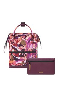 Backpack in multicolored floral pattern with pink, purple, and orange; includes a matching burgundy zip pouch with leather accents.