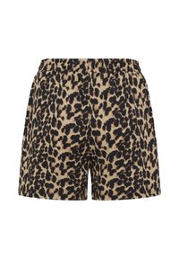 Shorts imprimé léopard avec taille élastique, coupe ample et longueur mi-cuisse, en beige et noir.