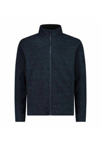 Dunkelblaue Fleecejacke mit hohem Kragen, Reißverschluss, strukturiertem Stoff und seitlichem Reißverschlussfach am linken Arm.
