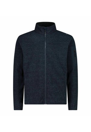 Dunkelblaue Fleecejacke mit hohem Kragen, Reißverschluss, strukturiertem Stoff und seitlichem Reißverschlussfach am linken Arm.