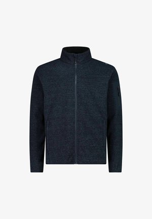 Giacca in pile blu scuro con colletto alto, chiusura a zip, tessuto texturizzato e tasca con zip sul braccio sinistro.