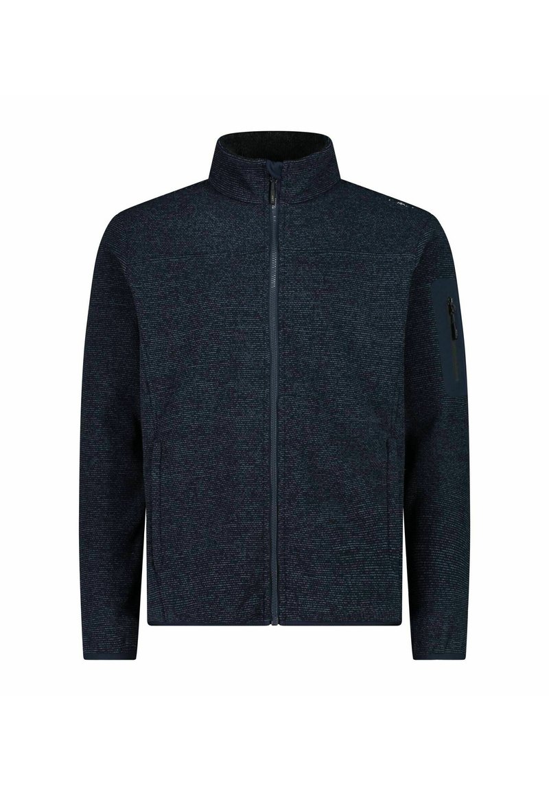 Dunkelblaue Fleecejacke mit hohem Kragen, Reißverschluss, strukturiertem Stoff und seitlichem Reißverschlussfach am linken Arm.