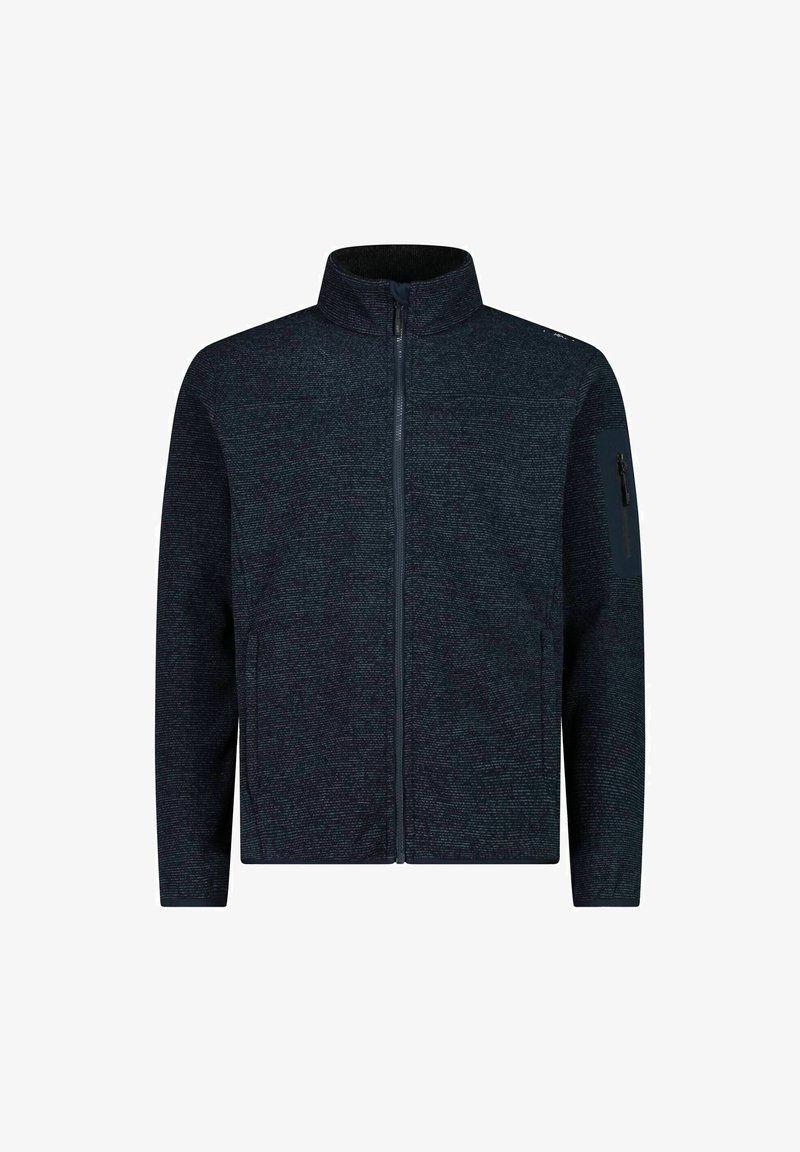 Dark blue fleece jacket with a high collar, zip closure, textured fabric, and side zip pocket on the left arm.
