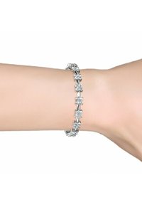 Zilveren armband met afwisselend bloemvormige schakels en heldere, ronde rhinestones. Gladde textuur, verstelbare pasvorm en glanzende afwerking.