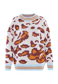 Pulover din tricot cu o bază albă, având un model de leopard maro și portocaliu. Manșetele și gulerul cu dungi albastre și portocalii.