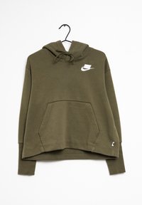 Olivgrön hoodie med dragsko i huvan, framficka och vit Nike-logotyp på bröstet. Tillverkad av mjukt tyg, har en avslappnad passform.