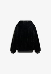 Felpa con cappuccio in pelliccia sintetica nera caratterizzata da una texture morbida, polsini elastici e orlo rotondo. Design elegante con un grande cappuccio. Stile semplice e versatile.