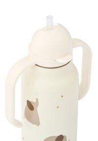 Krämfärgad vattenflaska med djurillustrationer, silikonrör och två handtag; tillverkad av ett hållbart material med stjärndetaljer.