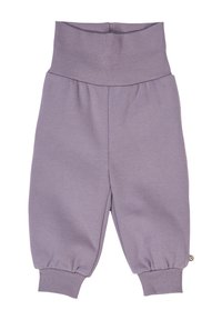 Paarse babybroekjes met een brede ribbelband en ribbelmanchetten, gemaakt van zachte, gestructureerde stof, ontworpen voor comfort en flexibiliteit.