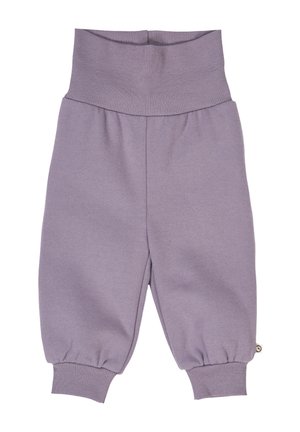 Lila Babyhosen mit breitem Rippbund und Rippabschlüssen, aus weichem, strukturiertem Stoff hergestellt, der für Komfort und Flexibilität sorgt.