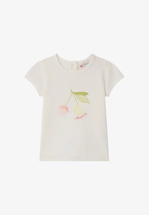 Maglietta bianca a maniche corte per bambino con ciliegie rosa e gialle ricamate e foglie verdi sul davanti, con chiusura a bottoni sul retro.