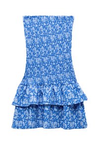 Blaues, blumengemustertes, gerafftes Kleid mit einem fransigen Saum; verfügt über ein figurschmeichelndes Oberteil und ein gestuftes, rüschendes Rockdesign.