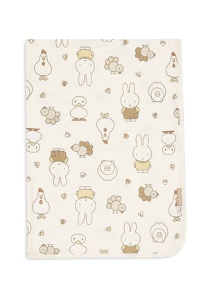 Babydeken met beige en bruine cartoonachtige dieren, waaronder konijnen, kippen, eenden, varkens en kleine bijtjes, op een lichte crème achtergrond.