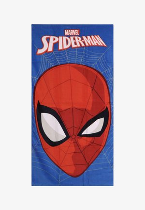 Maschera rossa di Spider-Man con grandi occhi bianchi al centro su sfondo blu con disegno a ragnatela e testo "Marvel Spider-Man" sopra.