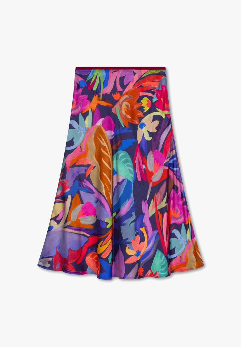 A-lijn rok gemaakt van lichte stof met een levendig bloemenpatroon in roze, oranje, blauw en groen op een donkerpaarse achtergrond.