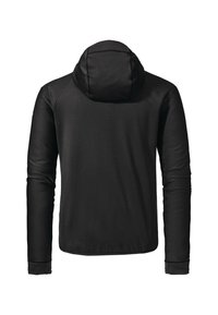 Schwarze Kapuzenjacke mit langen Ärmeln, aus strukturierter Stoffqualität und nahtlosem Rückendesign. Keine sichtbaren Marken oder zusätzlichen Details.