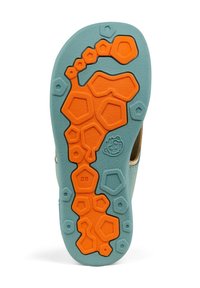 Suola di scarpa con una combinazione di gomma blu e arancione. Presenta un motivo testurizzato di esagoni e cerchi per la trazione. Taglia contrassegnata come 28.