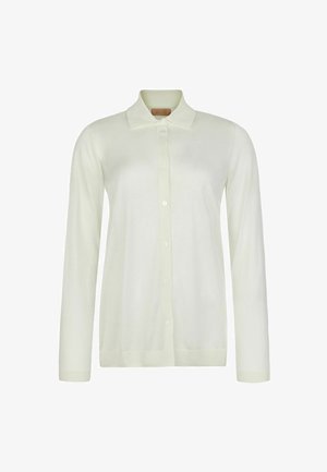 Cardigan bianco a maniche lunghe con bottoni e colletto, realizzato in tessuto leggero, mostrato su uno sfondo semplice.