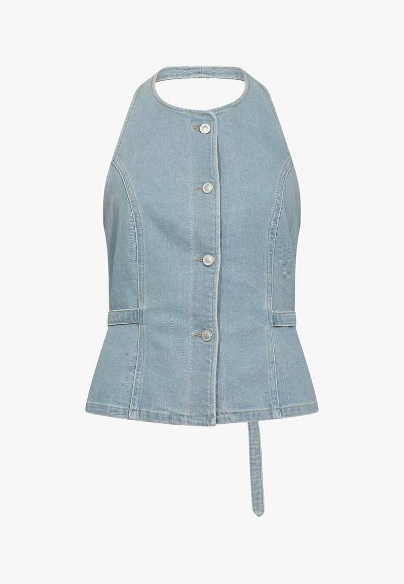 Heledsinine denimpüksidest sleeveless topp kõrge kaelusega, esiseppede sulgemisega, laieneva alläärega ja selja sidumisdetailiga. Sile tekstuur.